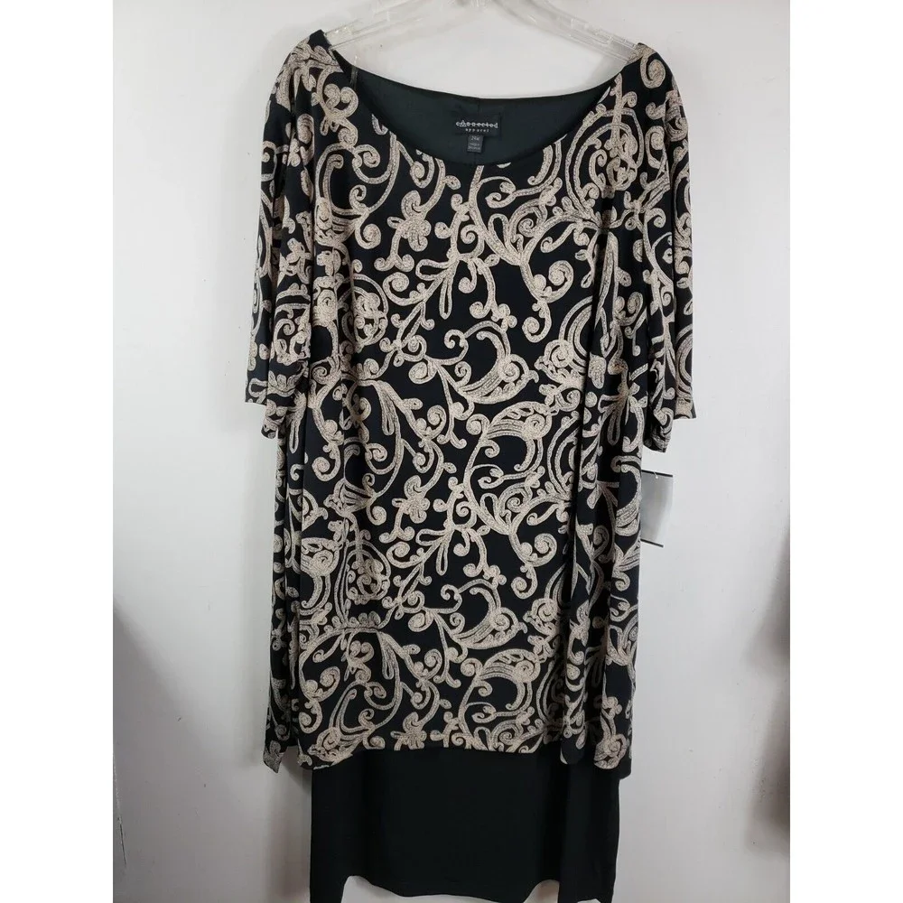 Connected Apparel Women's 24W dress Camel black layered look knee length NEW